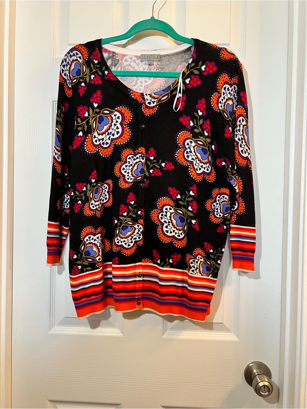 🦋 Joseph A Black Floral Button-Front Cardigan w Orange & Blue Accents size xl